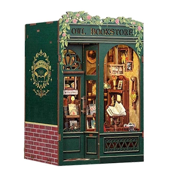 DIY Boghjørne Ugle Boghandel Kit, 3D Træpuslespil Bogstøtte til Bogreol Dekoration, med Lys Model Kits til Voksne