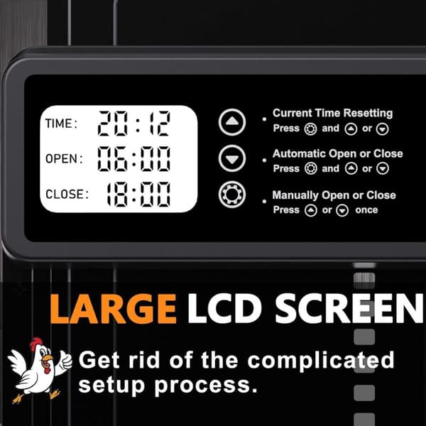 Automatisk hønselem med timer/manuel tilstand, klembeskyttelse, aluminiumslegering, stort programmerbart LCD-display, advarsel om lavt batteriniveau