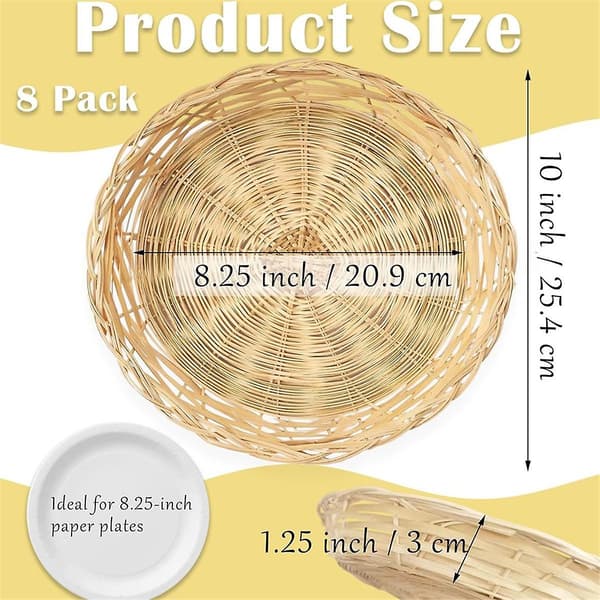 8-pack Bambu Papperstallrikshållare, 25 cm Återanvändbara för Middagstallrikar Handvävda Korgar för Papperstallrikar