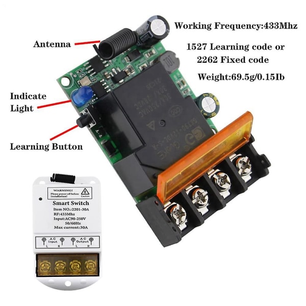 433MHz Trådlös Fjärrkontrollbrytare AC 110V/120V/220V/ 30A 1-kanals Relä RF Fjärrkontroll Ljusbrytare För