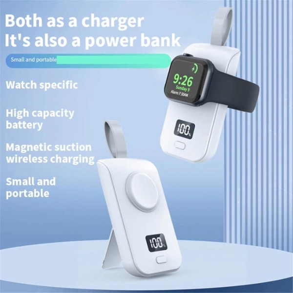 Bærbar Trådløs Oplader Power Bank til Watch 8 7 6 5 4 3 SE Ultra Magnetisk Opladningsstation Hvid