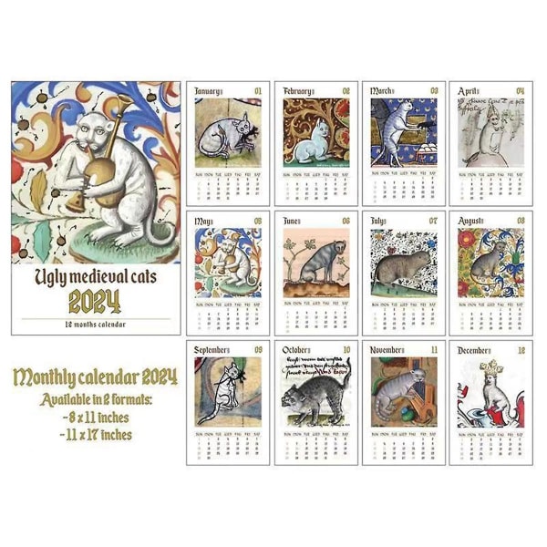 Outo keskiaikainen kissakalenteri, hauska outo keskiaikainen kalenteri 2024, kävele outo keskiaikainen kalenteri