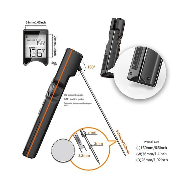 BBQ-koktermometer, Vikbar Grilltermometer för Kött med Timer och Temperaturalarm för Matlagning