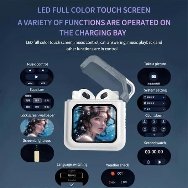 LED Fuld-farve Touch Screen Bluetooth Øretelefoner Aktiv Støjreduktion True Wireless Smart ANC Hovedtelefoner Sort