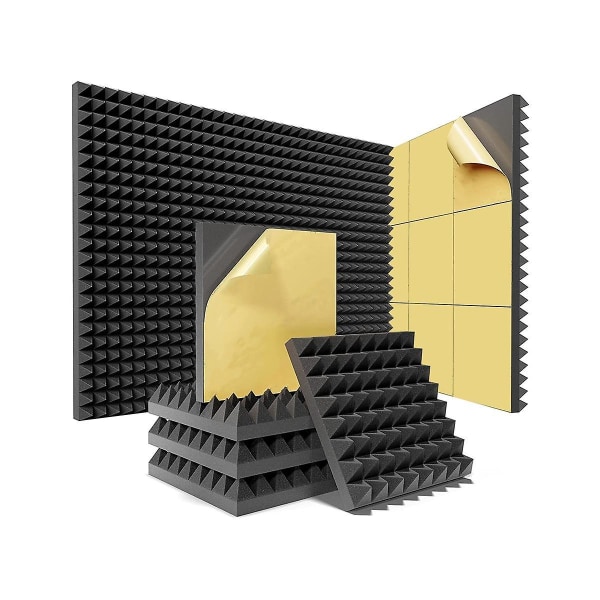 12-pack Pyramid ljudsäkra skumpaneler med självhäftande, 12x12x2 tum akustiska skumpaneler med hög densitet (svart)