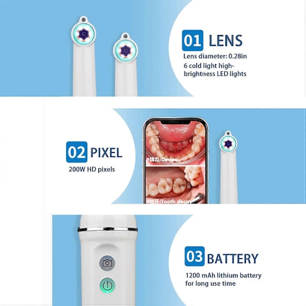 HD-visuaalinen intraoraalinen endoskooppi, suun hammaspeili laryngoskooppi, 6 LED-valoa suun tarkkailukamera, tukee Androidia ja iOS:ää