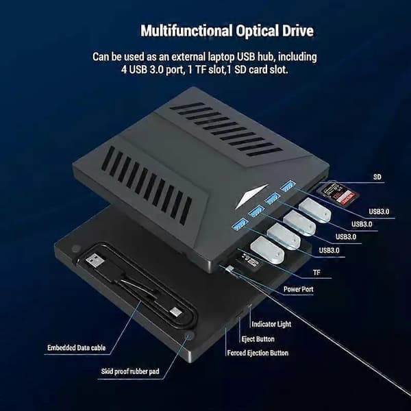 7-i-1 Multifunktionel Ekstern CD DVD-drev, USB 3.0 Type-C CD DVD +/-RW-drev