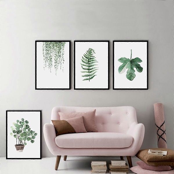 Wekity Vihreät Lehdet Seinätaide Canvas-Tulostus Poster, Yksinkertainen Elinvoima Vesiväri Taidepiirustus Sisustus Kotiin Olohuoneen Makuuhuoneen Toimistoon (Sarja 4 Kehystämätöntä