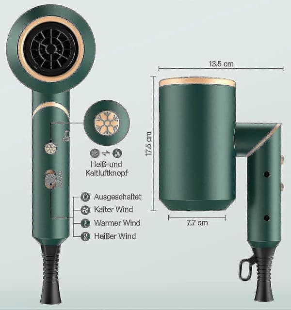 Sammenleggbar reisehårføner liten 2000 W, lett hårføner ion med 2 stylingdyser og 1 diffuser