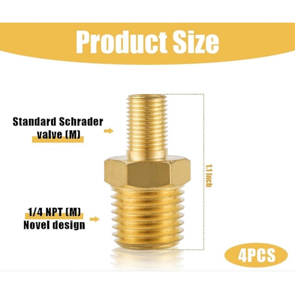 Luftfylleradapter, Messing Luftslangeadapter 1/4\" NPT (M) til Standardventil (M)
