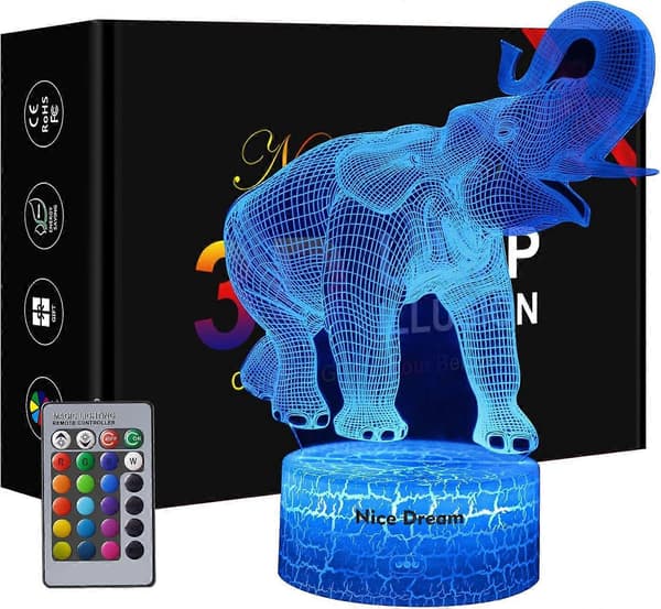 SBSG Elefant 3D Illusjonslampe, 3D Nattlys for Barn, Elefantgave