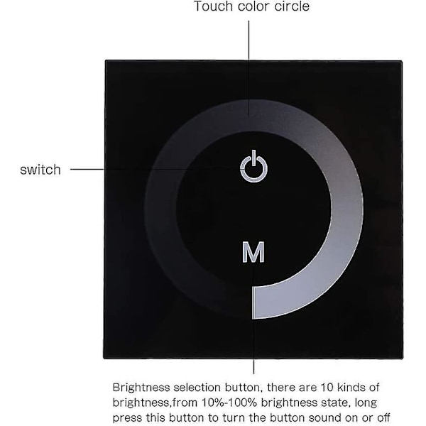 DC 12V-24V Dimmerströmbrytare Väggmonterad Touch Panel Controller, Monokrom LED-remsa Justerbar Ljusstyrka Dimmer, Pekskärm LED Dimmerströmbrytare (svart)