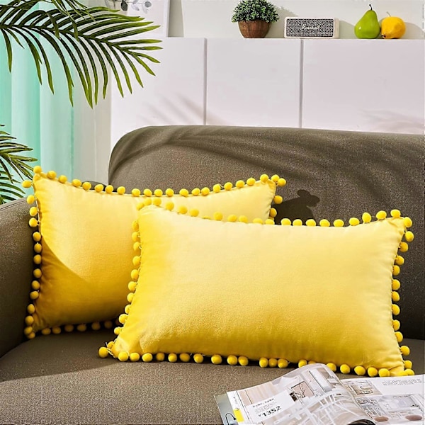 Wekity Pakke med 2 Dekorative Puter, Myke Partikkel Fløyel Solid Putetrekk med Pompoms for Sofa Soverom Bil (12 x 20 Tommer, Lys Y