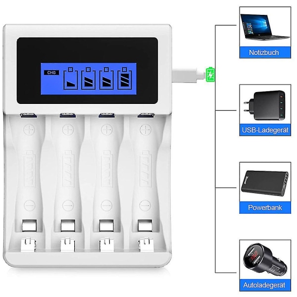 Universaali akunlaturi 4 kpl AA-paristoja + 4 kpl AAA-paristoja, laturi Ni-Cd Mignon AA Micro AAA -paristoille, HD LCD-näyttö, nopea laturi