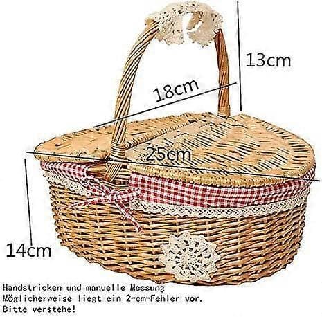 Vävd Picknickkorg i Flätad Vide med Lock - Lantlig Stil med Röd- och Vitrutig Bomullsfoder - Presentkorg