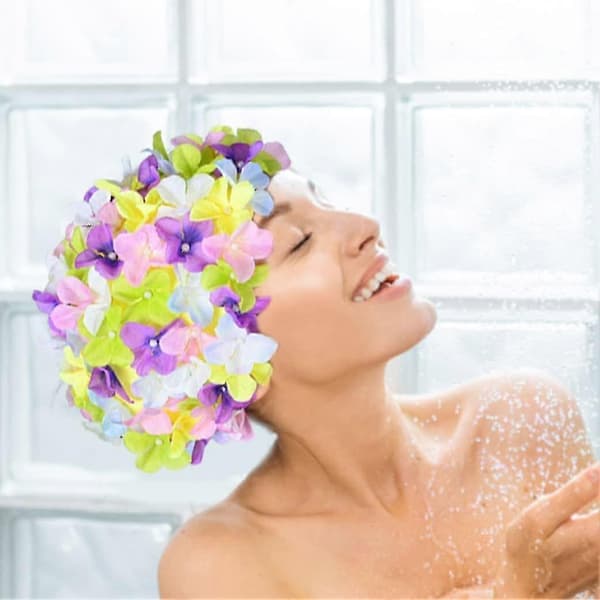 Blomsterbadehætte med kronblade til kvinder, hårbeskyttelseshætte, badehætte med blomst, brusehætte, blomstret badehætte, farverig