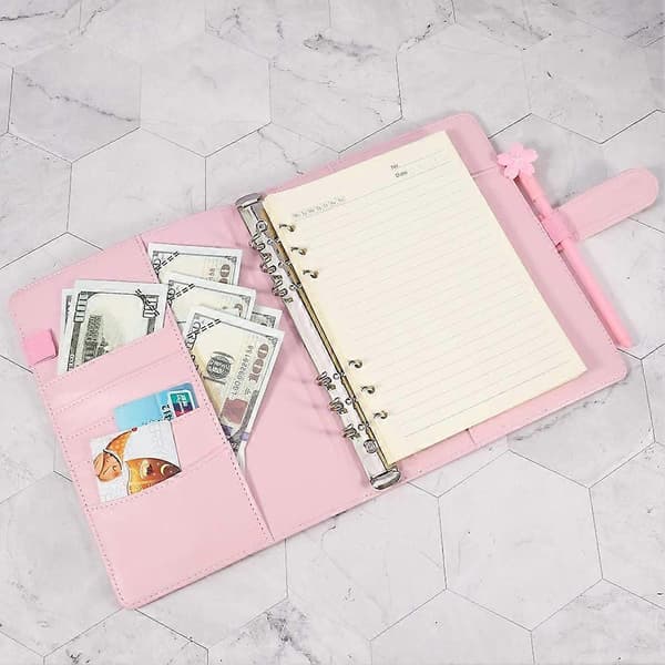A5 PU Læder Ringbind, Genopfyldeligt 6-Ringe Bind Cover, Forretningsnotesbog Bind Notesblok og Møde Notesbog, (Pink)