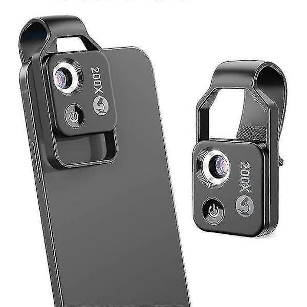 200X Mobiltelefon Mikroskop Tilbehør med CPL-Linse, Bærbar Mini Digitalt Mikroskop med LED-Lys/Universal Klips