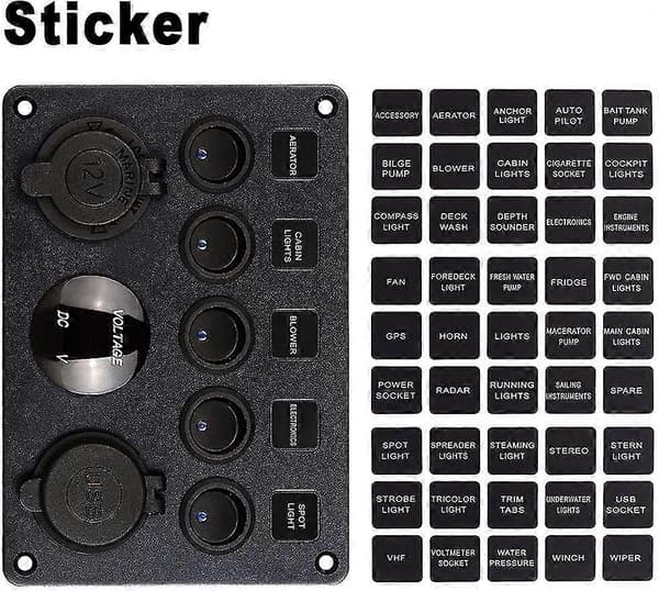 12v / 24v Kontrolpanel, 5 Grupper Af Vippekontaktspaneler, Med 5v 4.2a Dobbelt USB-Oplader, Vandafvisende LED Voltmeter