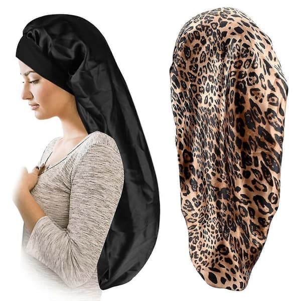 Satinmössa för kvinnor - 2-pack mjuk och elastisk svart leopard långhårsmössa