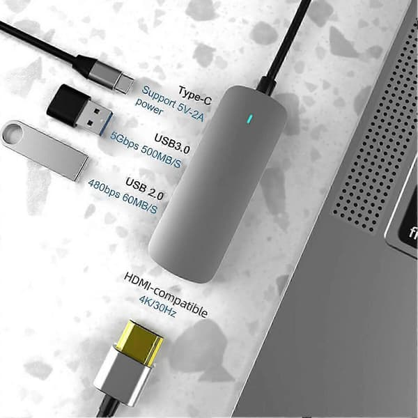 Dockingstation Højhastigheds Transmission Multi-purpose Plug Play Type-C til 4K HDMI-kompatibel USB 3.0 PD Mini Oplader Kabel Hub til Mus