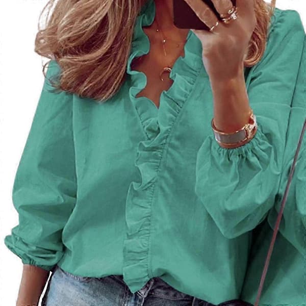 Plus Size Dam Solid Långärmad Volang V-ringad Blus T-shirt Toppar VCNMR S Green