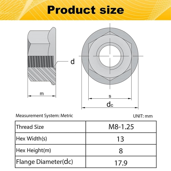 30 stk. M8 Serrated Flange Hex Nuts, M8-1.25mm Hexagon Flange Nuts, Låsemøtrikker Udskiftningsmøtrik Til DIY