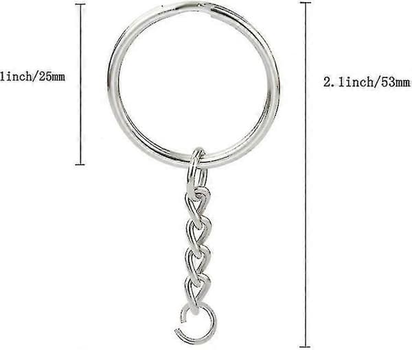 100 stk. Split Nøglering med Kæde 1 Tomme, Split Nøglering med Kæde Sølvfarvet Metal Split Nøglekæde Ring Dele med Åben Springring og Stik