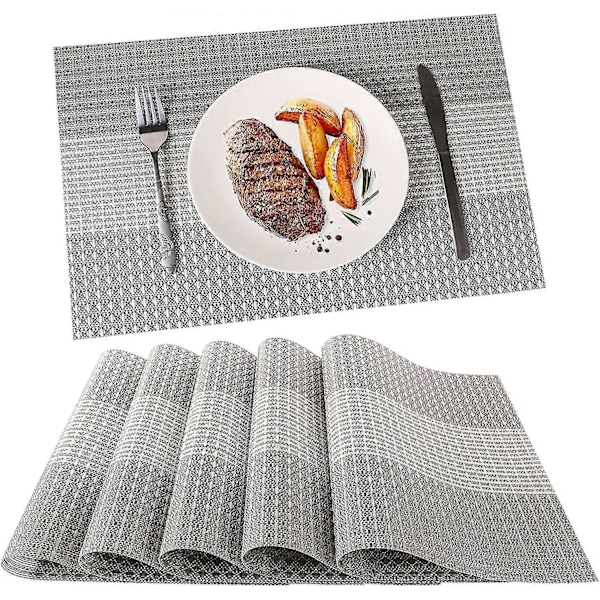 Sett med 6 vaskbare PVC-plastbrikker - Vinyl coasters, slitesterke og varmebestandige brikker (glitter grå)