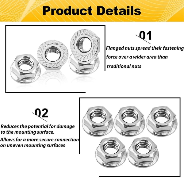 12-pak M12 Serrated Flange Hex Nuts, M12-1.75mm Hexagon Flange Nuts, Erstatningsmutter For