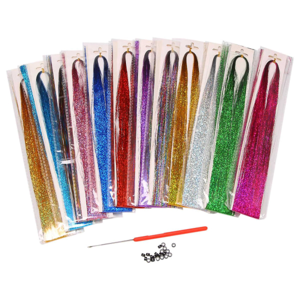 Hair Tinsel Strands Kit, Tinsel Hair Extensions, Fairy Hair Tinsel Kit for kvinner jenter med verktøy (
