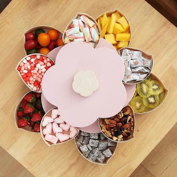 Dobbeltlags Plade, Blomstformet, Drejelig Snackbeholder Med 10 Rum, Snackboks Til Slik / Tørret Frugt, Farve: Pink