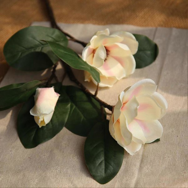 Kunstige Magnolia Blomster Hvid Lilla 3-Hoved Magnolia Stilk Blomsterbuket til Bryllup Fest Hjem Dekoration