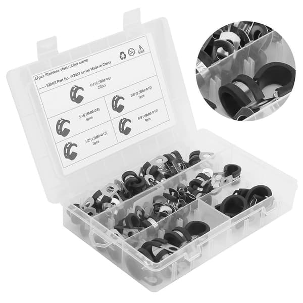 47 stk. Kabelklemmer Sett R Form 304 Rustfritt Stål og Gummi Dempe Sortiment Kit