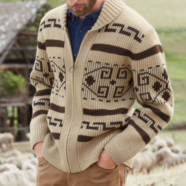 Herr Khaki Zip Cardigan Jacquard stickad tröja Höst/vinter varma kläder S  79de | S | Fyndiq