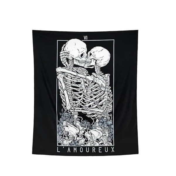 Skull Tapestry Kissing Lover Black And White Tarot Skeleton Flower Tapestry Wall Hanging Beach Blan