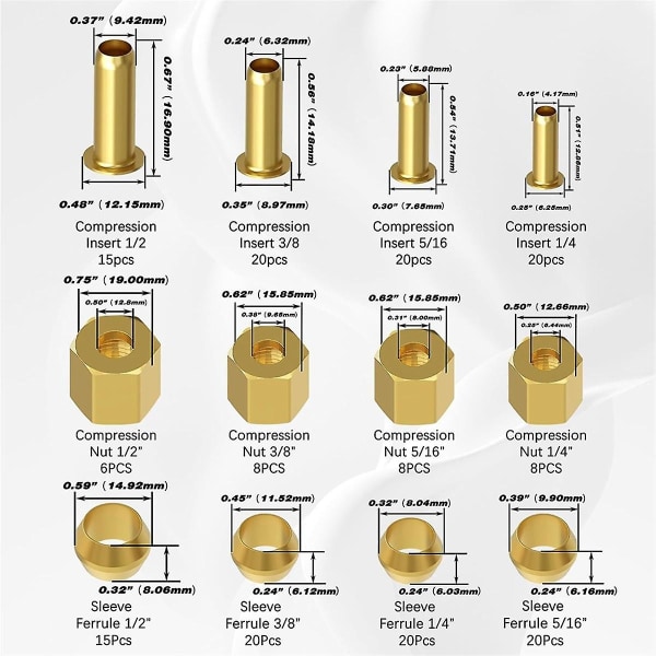 180 STK sortiment af kompressionsfittings-(1/4 tommer, 3/8 tommer, 5/16 tommer, 1/2 tommer) kompressionshylster af messing, indsats og møtrikker