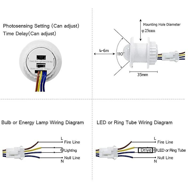 2x Mini Bevægelsessensor Lyskontakt 110-220v Pir Sensor Smart Detektion Tidsforsinkelse Justerbar Infrarød Induktion Detektor