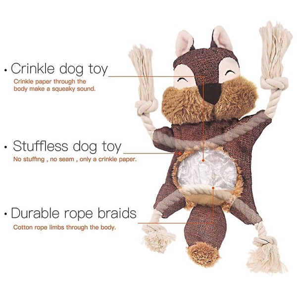 2 x Stuffless koiran lelut pennulle, ryppyiset vinkuvat koiran purulelut orava pehmolelu köydellä