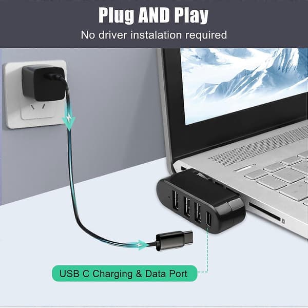 4-Port USB 3.0 Hub med 3 USB-porte & 1 USB C Strøm/Data Port USB-forlænger til Laptop Bil iMac