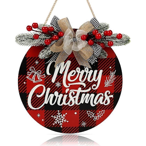 Merry Christmas Dekorationer Hængende Merry Christmas Vægdekorationer Rustik Stil Træ Plaid Krans Juledekorationer