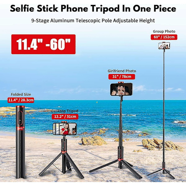 Bærbar 60\" Selfie Stick Tripod Stand i Aluminiumlegering til Mobiltelefon med Integreret Fjernbetjening, Kompakt Størrelse, Letvægt, Høj Udtrækkelig Telefon Tripod til 4''-