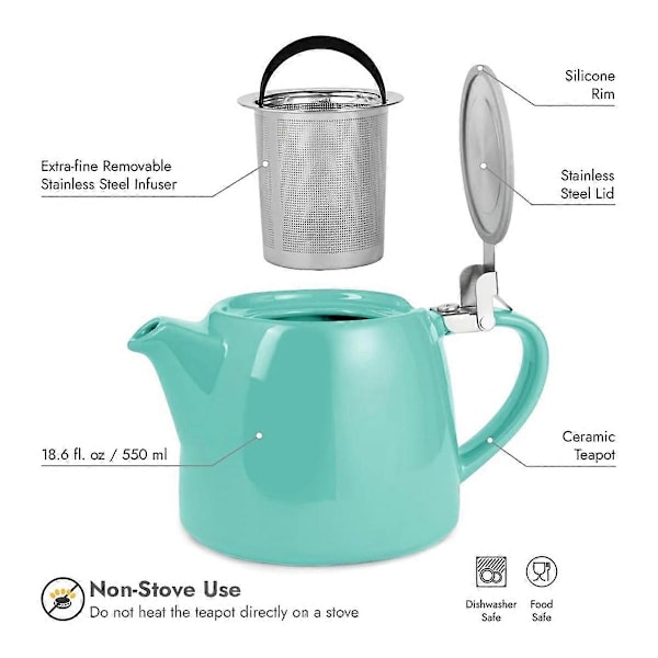 Keramisk tekande med te-si til løs te - 550 ml / 18,6 Oz ikke-komfur porcelæns tekande til 2 kopper, A
