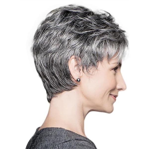 Dame Gradient Grå Kort Bølgete Krøllete Parykk Guttklipp Pixie Hår Cosplay Hel Parykk