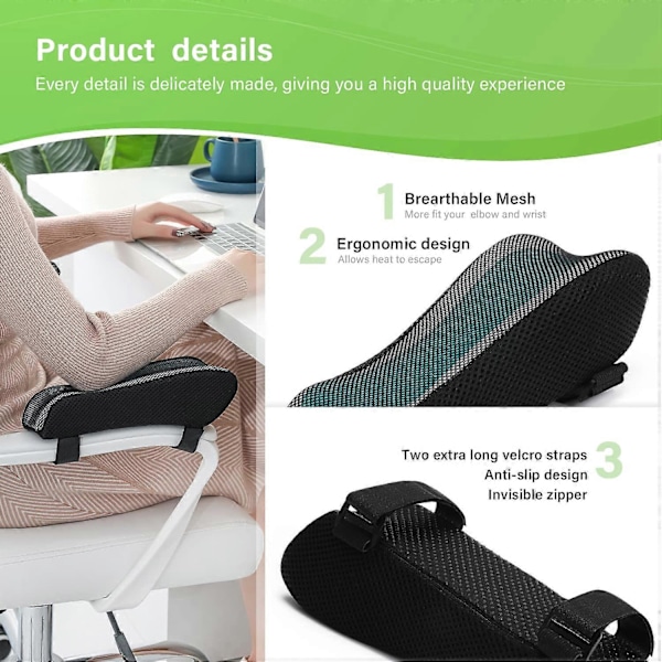 LargeLeaf Stol Ergonomisk Armlæn Kølende Gel Puder Albue Pude Trykaflastning Kontorstol Gaming Stol Armlæn med Memory Foam Armlæn Puder 2 Stk