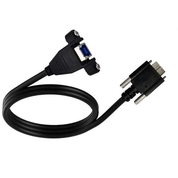 5Gbps nopeuksinen USB 3.0 -datakaapeli kiinnitysruuveilla, USB B naaras–micro B uros -adapterikaapeli.