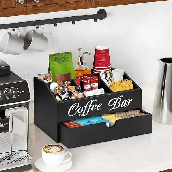 Kaffebønne- og Teholderkurv i Tre, Rustikk Kaffebar-Dekor, Kaffebar-Tilbehør-Organiserer