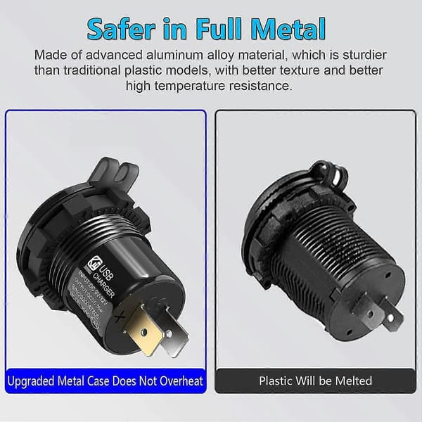 Quick Charge 3.0 12V USB Billader med Bryterknapp og Voltmeter - Aluminium Sokkel