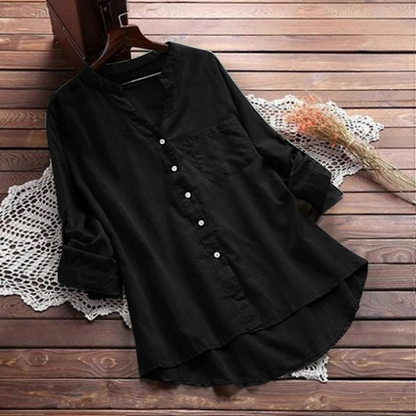 WJ Kvinner Casual Solid Lin Skjorte Høy Lav Bluse Knapp Ned Lang Erme Tunika Skjorte S-5XL
