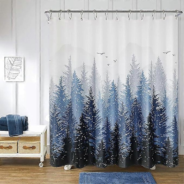 Duschdraperi Bergskog Natur Träd Tyg Duschdraperi Set Blått Duschdraperi för Badrum Vattenavvisande Duschdraperier Badkar Hotell